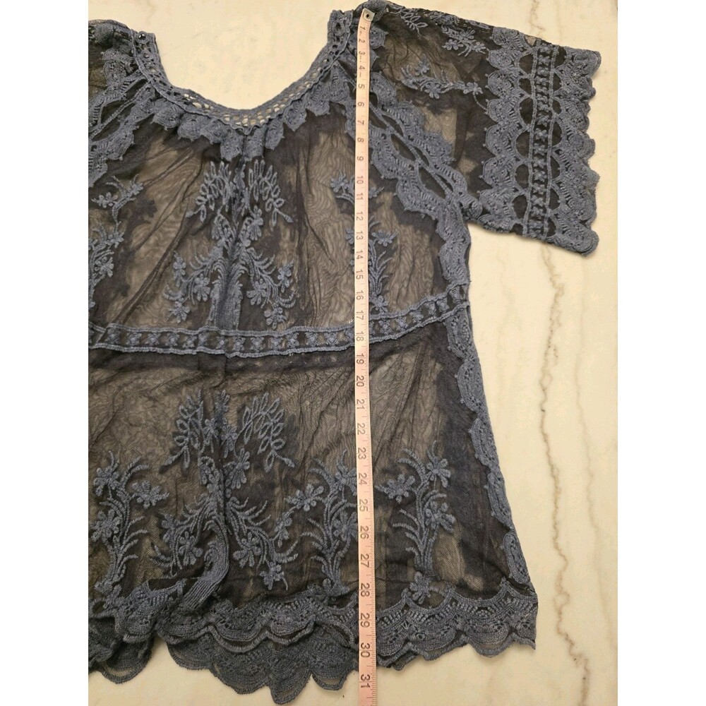 Dusty Blue Lace and Mesh Embroidered Top Whimsygoth Witchy Fairy Grunge 1XL